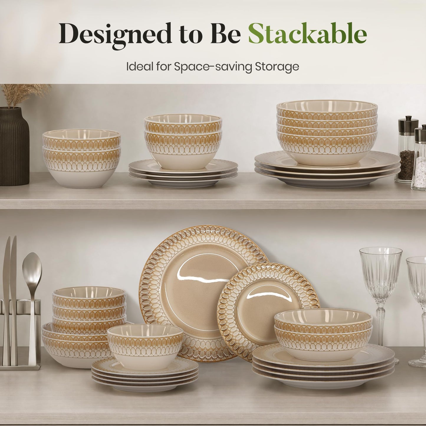 Kitchen Academy Stoneware Dinnerware Sets for 8, Embossed Ceramic Plates and Bowls Set, Beige Dishes