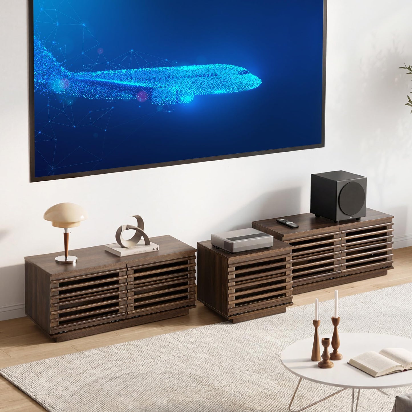 CHITA 70" Modern TV Stands with LED Light for TVs Up to 75 inches, Low Profile Entertainment Center with 4 Flip-Down Door & Fluted Details, TV Media Console for Living Room, Black