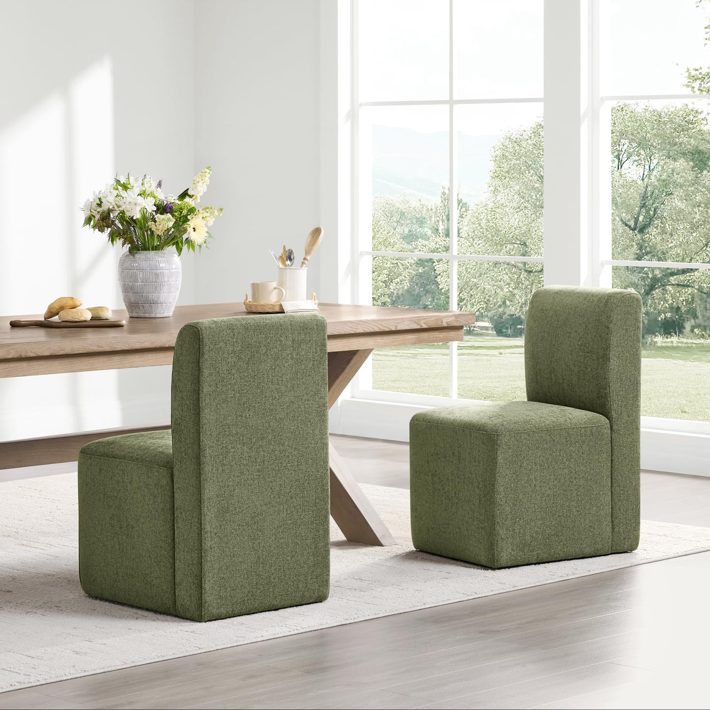 CHITA Dining Chairs with Casters Set of 2, FSC Certified Upholstered Armless Modern Rolling Dining Chairs with Rollers for Bedroom Reading Room Living Room, Fully Assembled, Linen