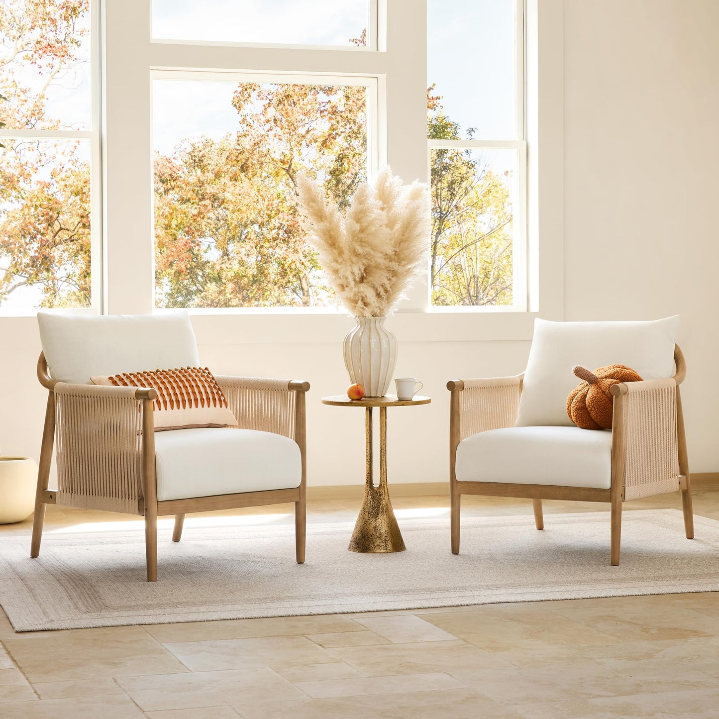 CHITA Braid Accent Chair, Modern Armchair with Solid Wooden Armrest for Living Room and Bedroom, Boho Reading Chair, Cream