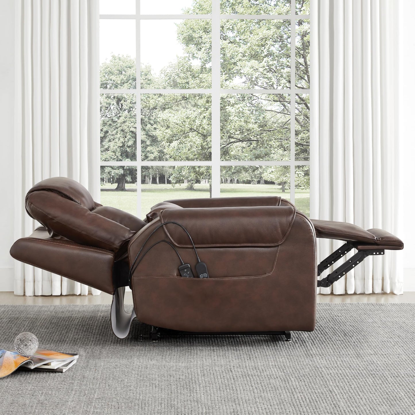 CHITA Electric Power Lift Recliner Chair for Elderly with Massage and Heat, Large Lay Flat Genuine Leather Recliner Chair with Cup Holders, USB Ports, Power Headrest, Independent Backrest, Saddle