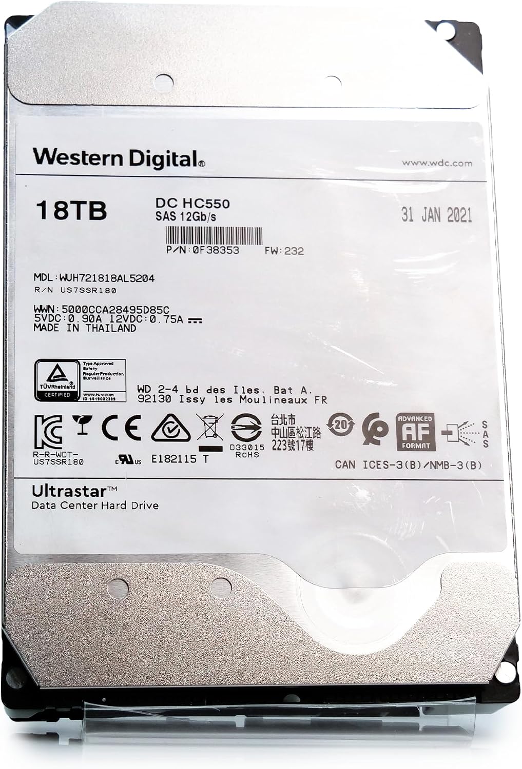 Western Digital WD WUH721818AL5204 18TB SAS 12Gb/s 7.2K RPM 512M 0F38353 512e/4Kn SE HDD (Renewed)