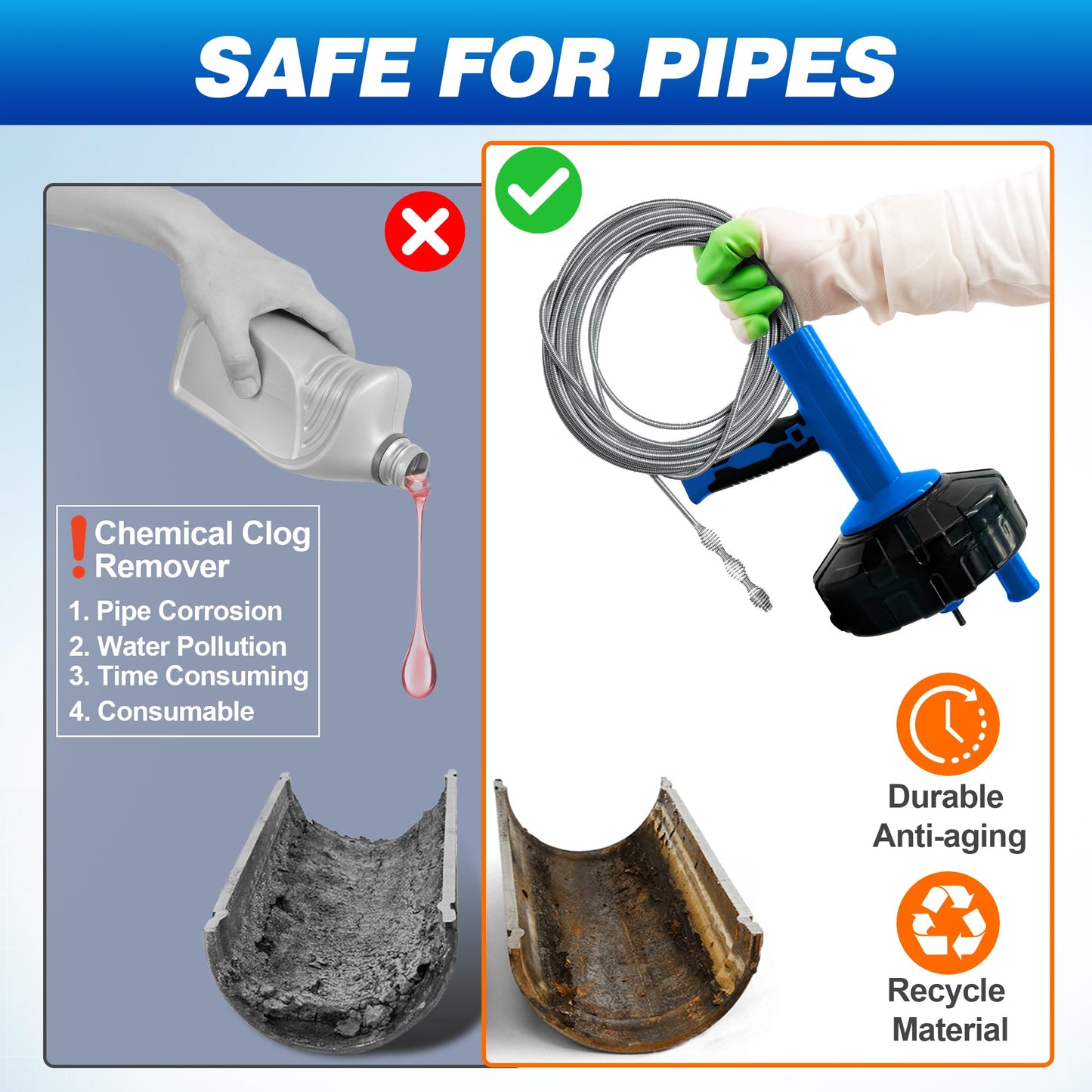 Drainsoon Auto Feed Drain Auger with Drill Adapter, 33 Feet Drain Snake Hair Clog Remover, Manual or Powered Plumbing Snake Drain Cleaner for Bathroom, Shower, Kitchen Sink, Comes with Gloves