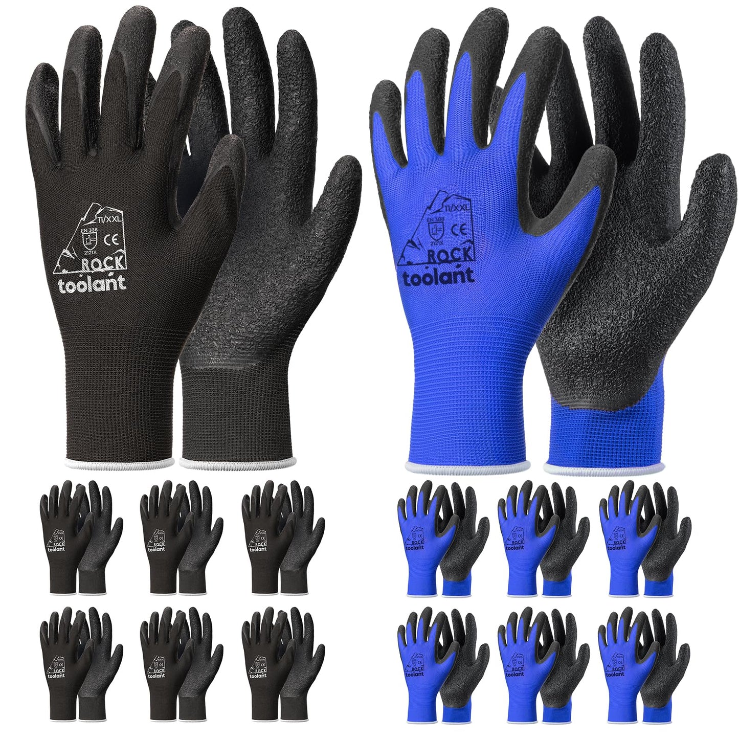 toolant Crinkle Latex Work Gloves Bulk, Rubber Coated Safety Work Gloves for Men and Women, 12 Pairs for Construction, Gardening, Warehouse (Black, Large)