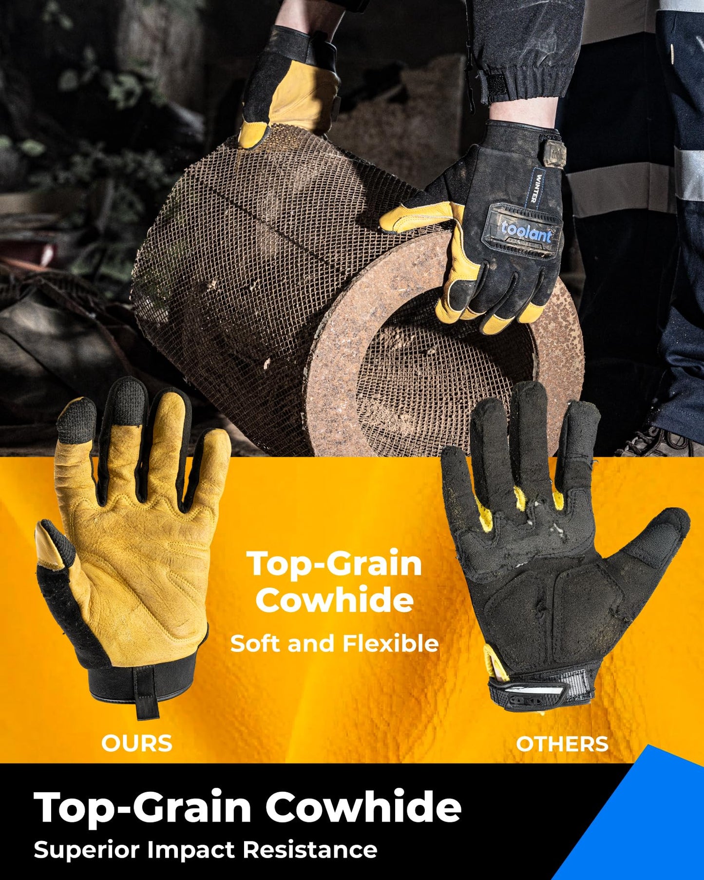 toolant Upgraded Waterproof Winter Work Glove with 3M Lining,Heavy Duty High Dexterity Leather Gloves,Touchscreen with Impact Protection