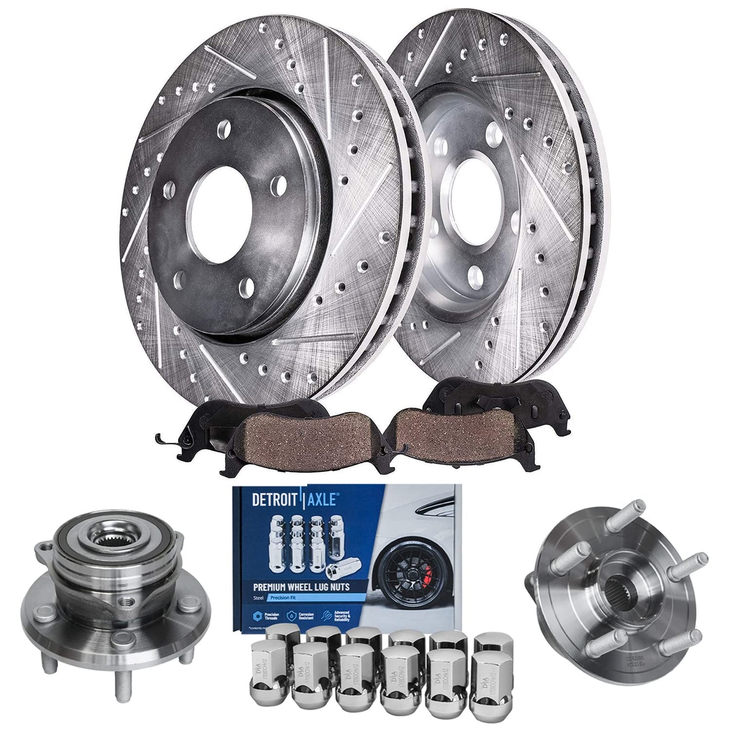 Detroit Axle - Brake Kit for 2006-2018 Dodge Ram 1500 2007-2009 Durango Chrysler Aspen 2019-2024 Ram 1500 Classic, Drilled Slotted Brake Rotors and Ceramic Brakes Pads w/Hardware Replacement