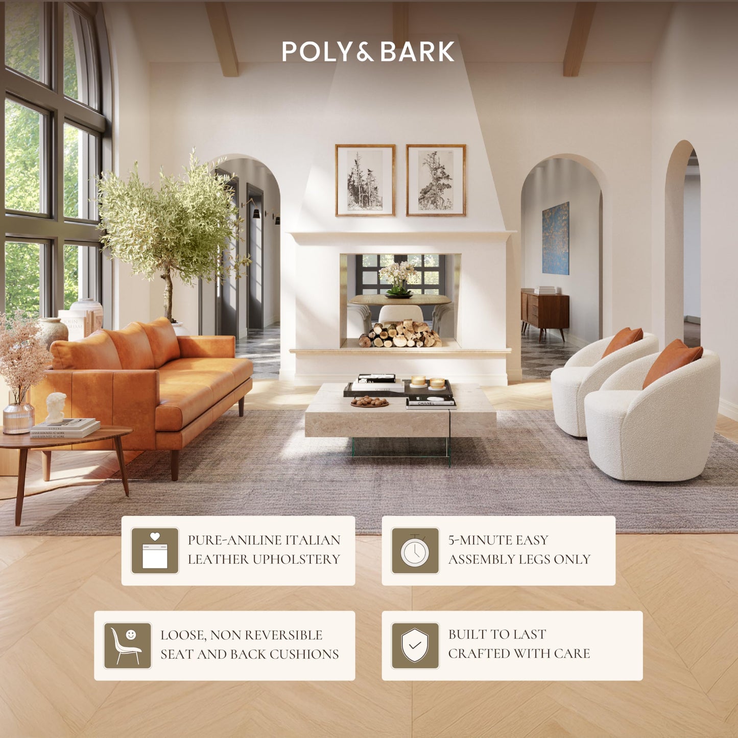 POLY & BARK Sorrento 86" Sofa – Cognac Tan Full-Grain Pure-Aniline Italian Leather, Feather-Down Cushions, Solid Wood Frame & Walnut Legs