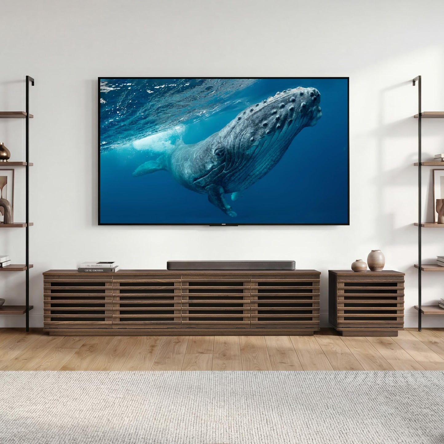 CHITA 70" Modern TV Stands with LED Light for TVs Up to 75 inches, Low Profile Entertainment Center with 4 Flip-Down Door & Fluted Details, TV Media Console for Living Room, Black