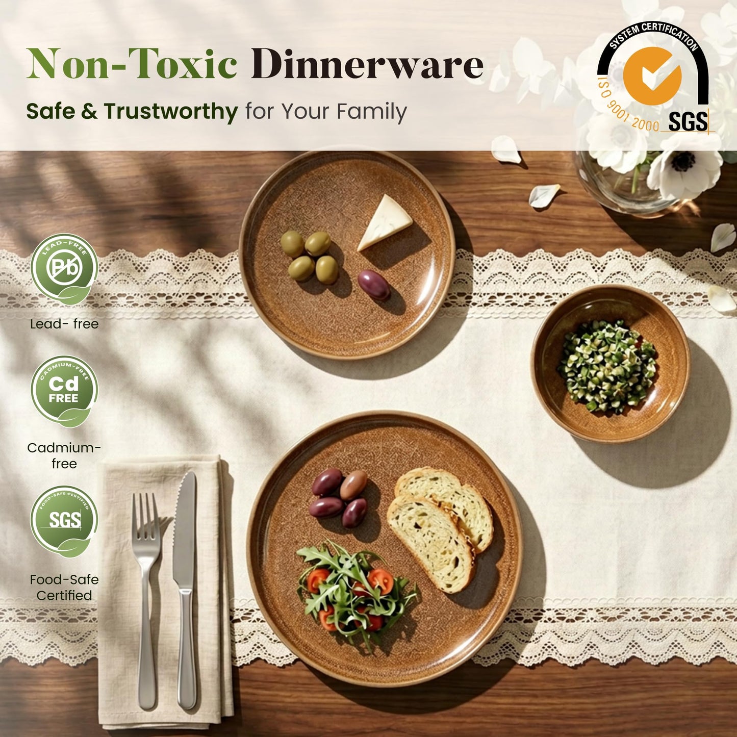 Kitchen Academy Brown Stoneawre Dinnerware Sets for 8, 24Pcs Ceramic Non Toxic Plates and Bowls Sets, Scratch Resistant Dishes, Oven & Microwave Safe