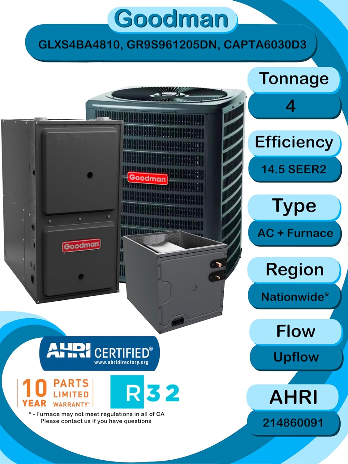 Goodman 4 ton 14.5 SEER2 Complete Split System with upflow coil and single stage 96% AFUE 120k BTU furnace with install accessories! (GLXS4BA4810 CAPTA6030D3 GR9S961205DN)