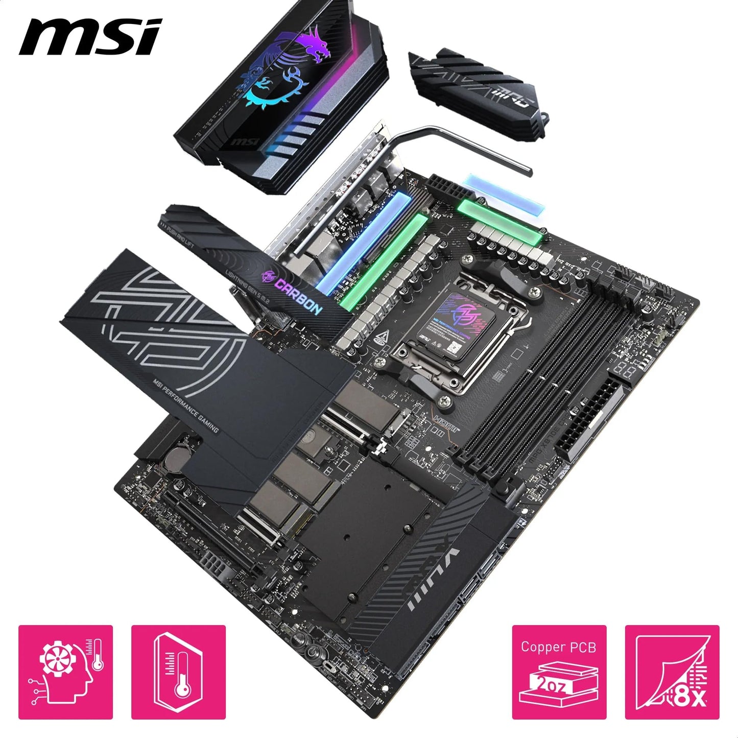 MSI MPG X870E Carbon WiFi Gaming Motherboard (AMD Ryzen 9000/8000/7000 Series Processors, AM5, DDR5, PCIe 5.0, M.2 Gen5, SATA 6Gb/s, USB 40Gbps, HDMI, Wi-Fi 7, Bluetooth 5.4, 5Gbps LAN, ATX)