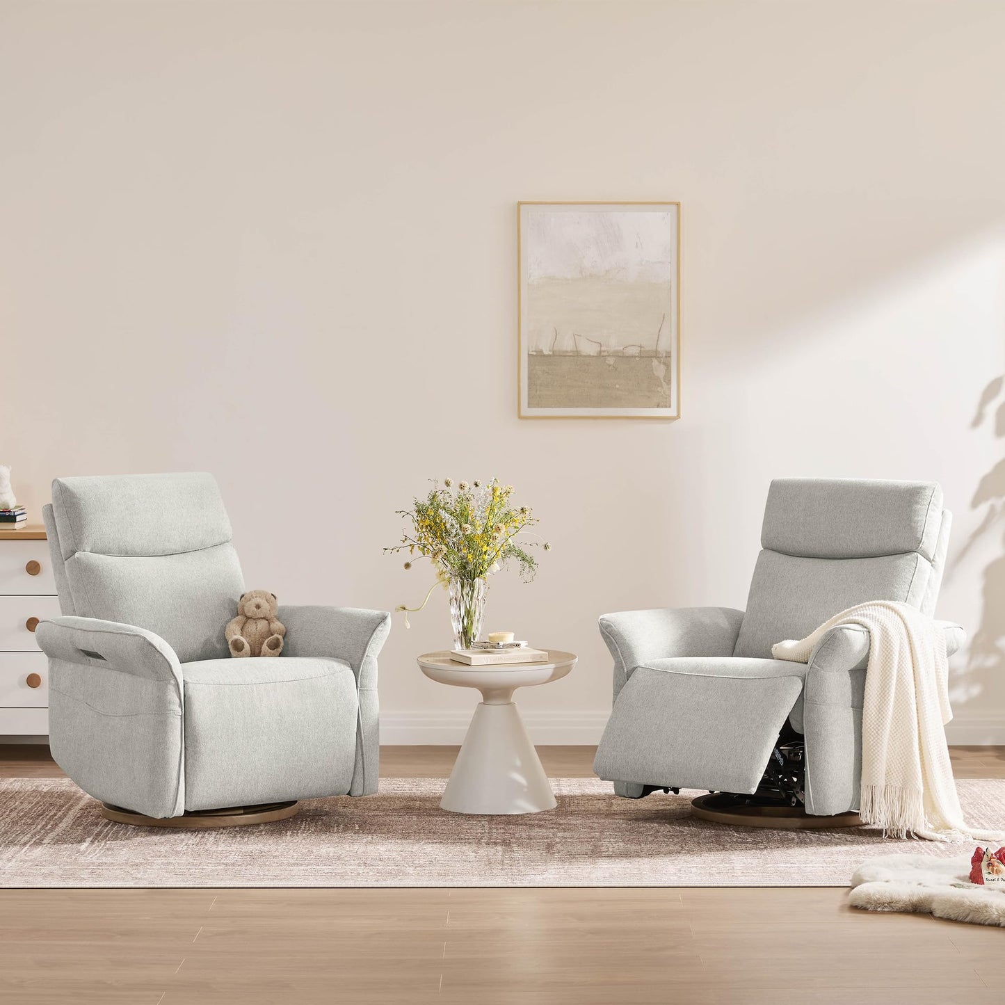 CHITA Power Recliner Chair, Electric Triple-Motor Swivel Glider Nursery Rocking Chair with Adjustable Power Headrest and Lumbar Support, GREENGARD Gold Certified, Solid Wood Base, Linen