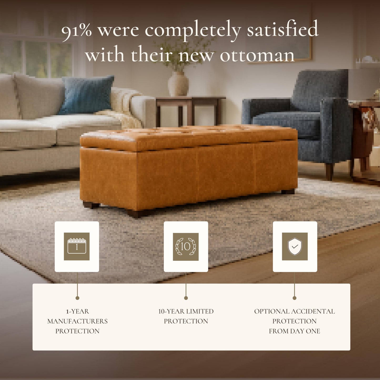 POLY & BARK Denver Ottoman – 43" Large Pouf with Feather-Down Topper – Full-Grain Leather Upholstered Pouf Ottoman for Living Room – Vintage Italian Leather in Cognac Tan