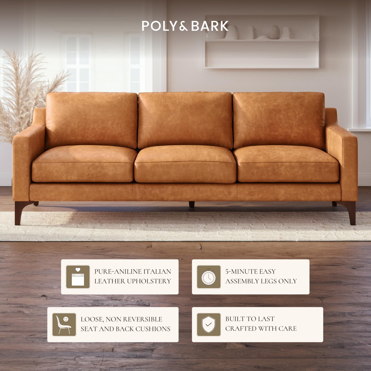 POLY & BARK Sorrento 86" Sofa – Cognac Tan Full-Grain Pure-Aniline Italian Leather, Feather-Down Cushions, Solid Wood Frame & Walnut Legs
