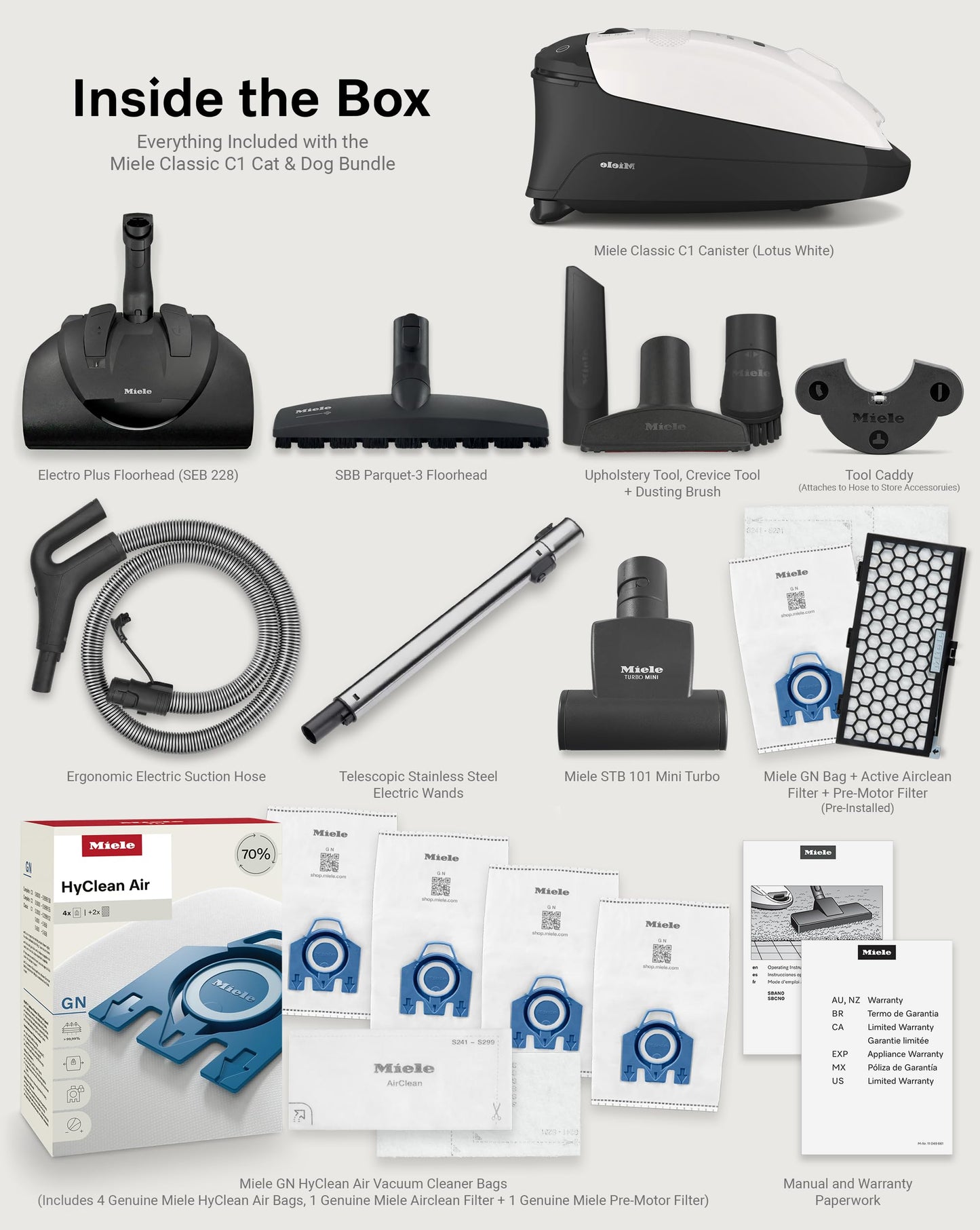 Miele Classic C1 Cat & Dog Bagged Canister Vacuum, Lotus White - Pet Hair, Portable