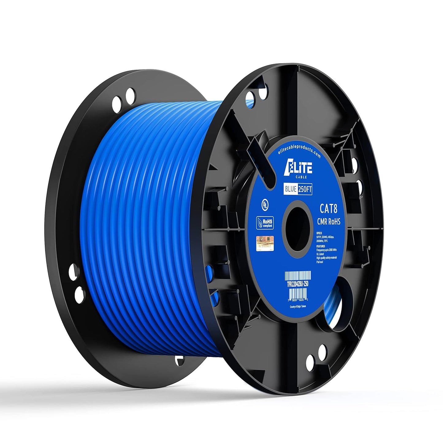 Elite 250ft. Cat8 Shielded Riser (CMR), 40Gb, 2000MHz, S/FTP 22AWG, Solid Bare Copper, UL Listed, ETL Listed, PoE++ (Blue, 250ft.)