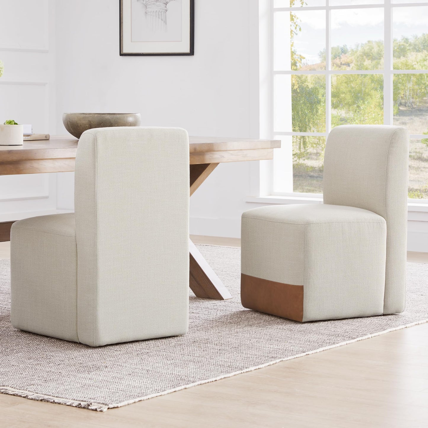 CHITA Dining Chairs with Casters Set of 2, FSC Certified Upholstered Armless Modern Rolling Dining Chairs with Rollers for Bedroom Reading Room Living Room, Fully Assembled, Linen