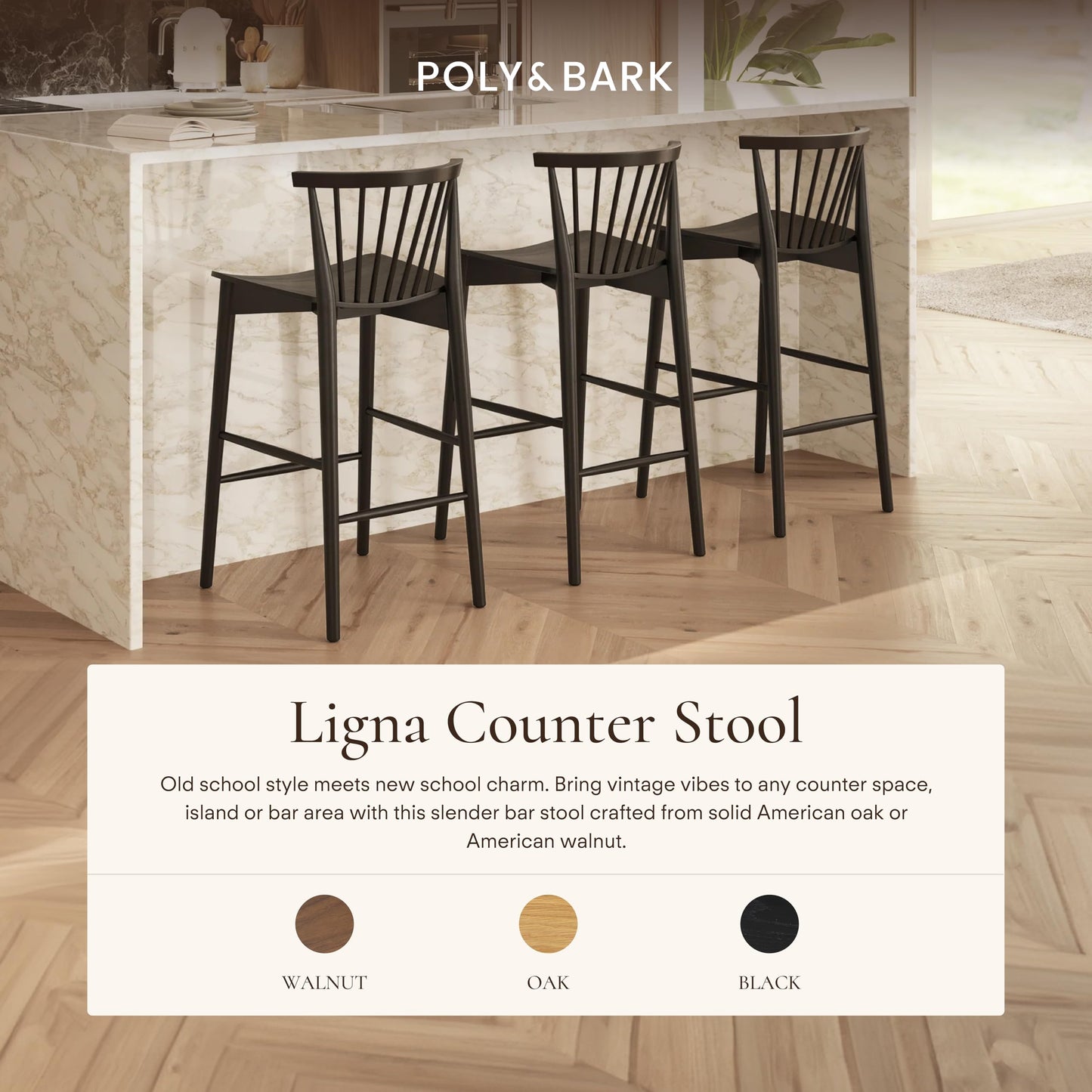 Poly & BARK Ligna Counter Stool in Black – Mid-Century Inspired Stool with Sculpted Spindle Back – Solid American Oak Frame and Engineered Wood Veneered Seat – Fully Assembled and Ready to Use