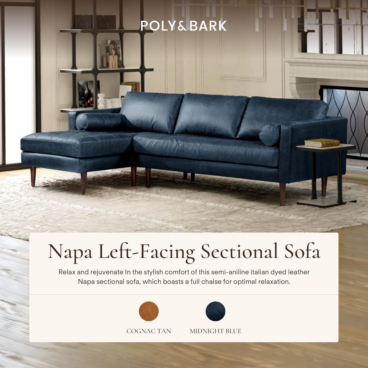 POLY & BARK Napa 82" Leather Pull‑Out Sleeper Sofa – Full‑Grain Italian Leather Upholstery,Tri‑Layer Mattress & Storage Console –Sophisticated Multi‑Functional Sofa Bed for Living Rooms & Guest Spaces