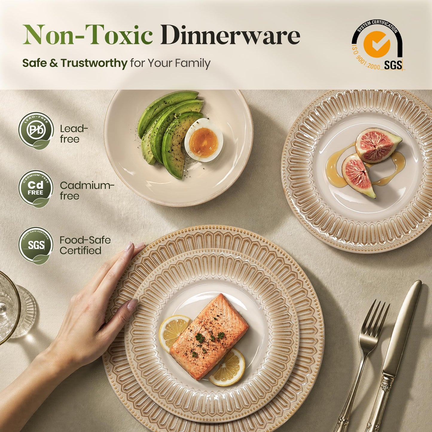 Kitchen Academy Stoneware Dinnerware Sets for 8, Embossed Ceramic Plates and Bowls Set, Beige Dishes