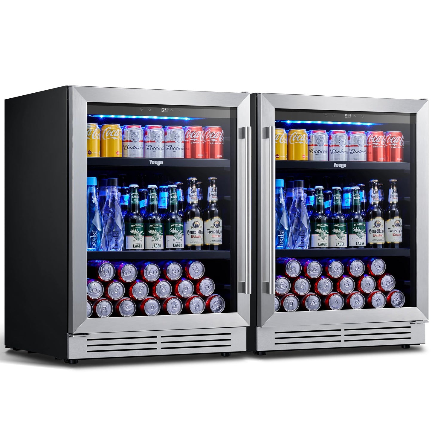 Yeego 24-Inch Beverage Refrigerator, Built-In or Freestanding Beverage Cooler, Up to 180 Cans, Glass Door Mini Fridge for Soda, Beer, Water & Wine (Left-Hinged)