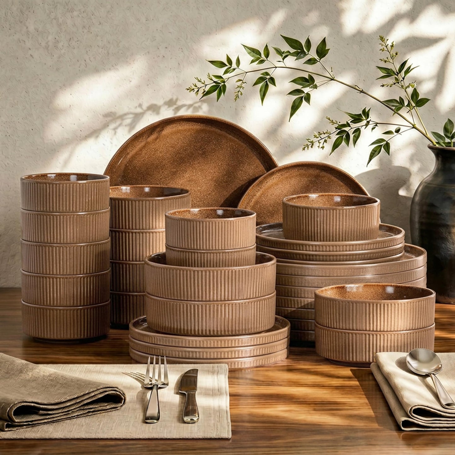 Kitchen Academy Brown Stoneawre Dinnerware Sets for 8, 24Pcs Ceramic Non Toxic Plates and Bowls Sets, Scratch Resistant Dishes, Oven & Microwave Safe