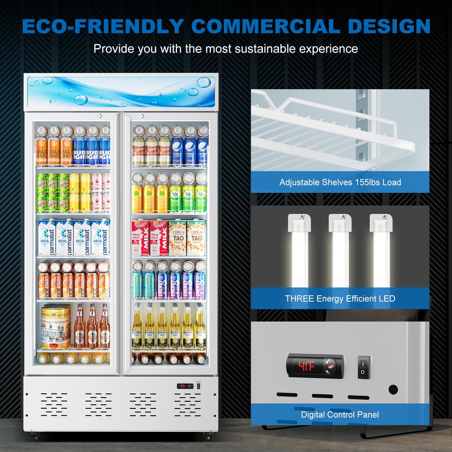 26.8'' W Commercial Beverage Refrigerator, 15 Cu.ft Upright Display Merchandiser Cooler Fridge with LED Light, Adjustable Shelves & Lockable Door for Restaurant Grocery Stores Home, White