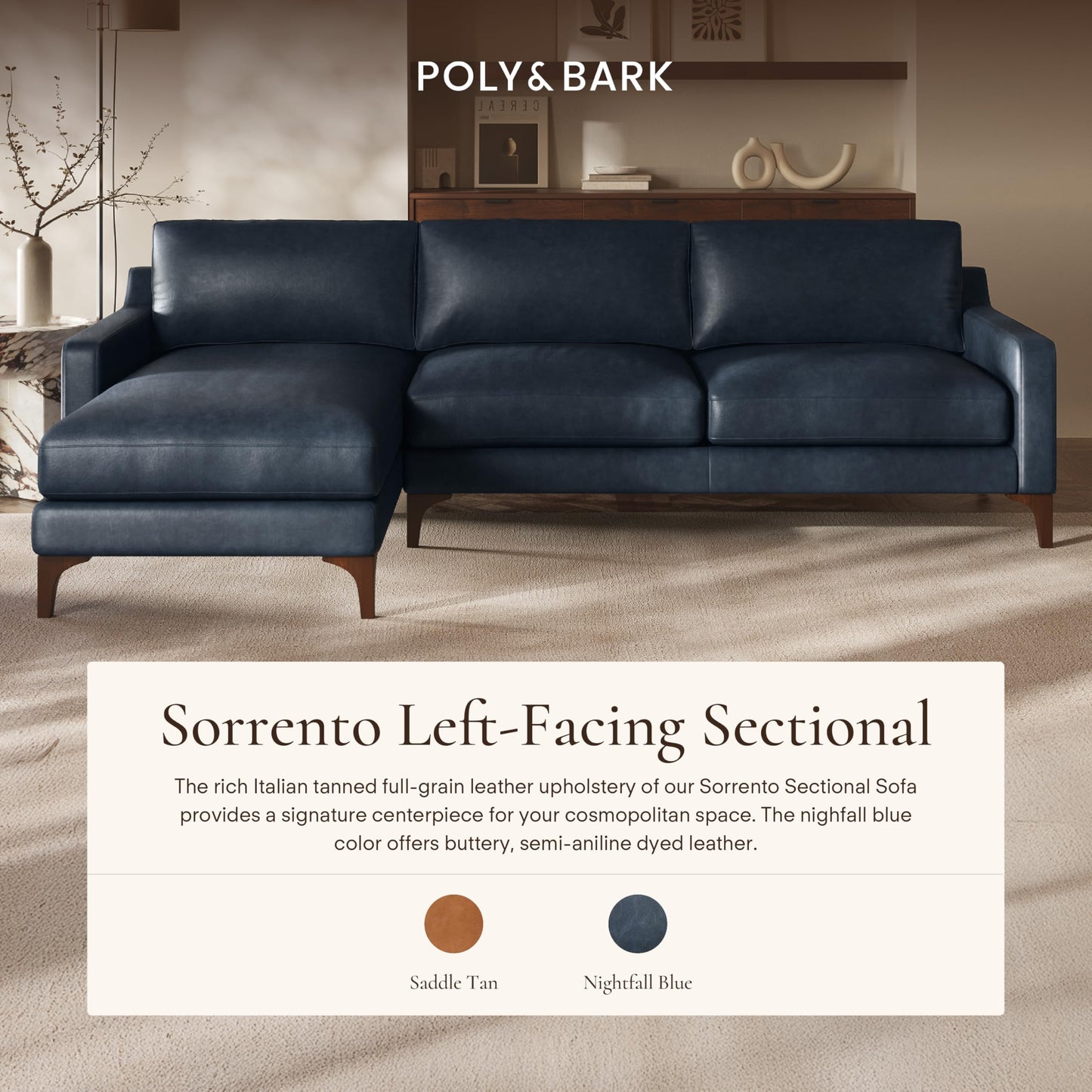 Poly & BARK Harper Left-Facing Leather Sleeper Sectional Sofa Cognac Tan– Full-Grain Aniline Leather, Sculptural Silhouette, Walnut-Finished Legs – Modern Statement Sofa for Living Spaces