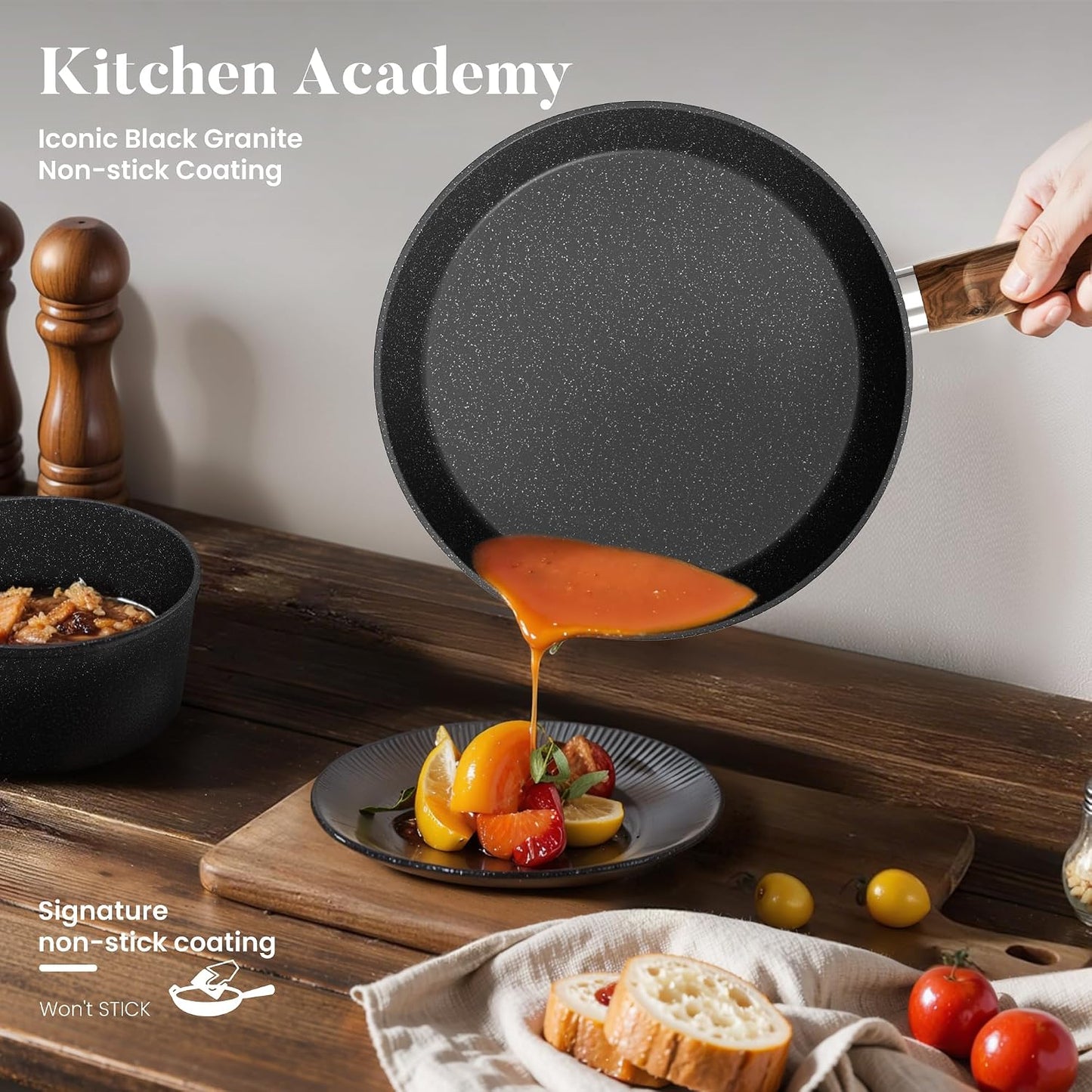 Kitchen Academy 12Pcs Black Pots and Pans Set Non Stick, Kitchen Induction Nonstick Cookware Sets, Best Cooking Pot and Pan Set