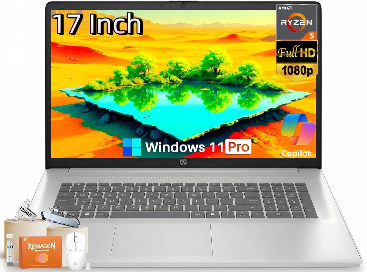 HP 17 Inch Laptop, AMD Ryzen 5 7430U 6-Core, 32 GB RAM, 1 TB SSD, 17.3" FHD IPS Display, Windows 11 Pro, Wi-Fi 6, AI Copilot, Numeric Keypad, Fast Charge, HD Webcam, Business & Home Office Computer