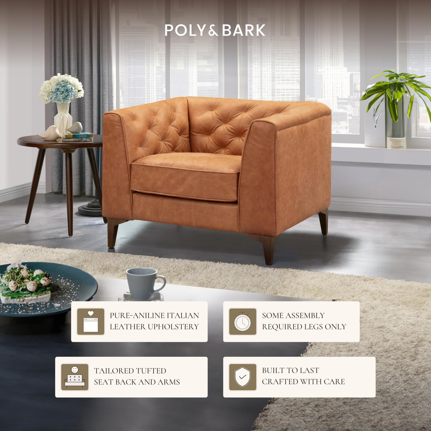 POLY & BARK Essex 89” Full-Grain Italian Leather Sofa – Tufted Back, Feather-Down Comfort, Solid Wood Frame, Cognac Tan