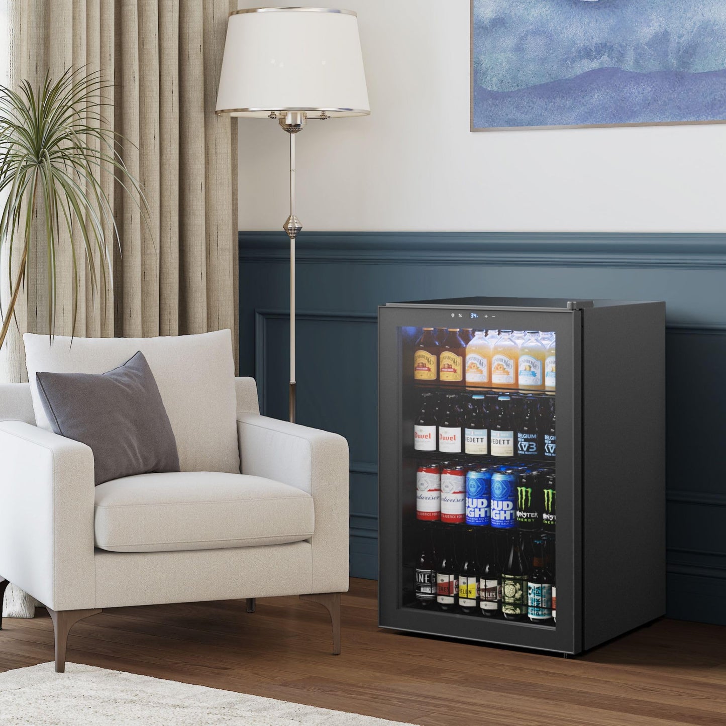 Yeego Beverage Refrigerator, 130 Can Mini Fridge with Glass Door, Adjustable Shelves, Digital Temperature Control 34°F-54°F, Drink Cooler for Soda, Beer and Wine, Freestanding or Under Counter, Black