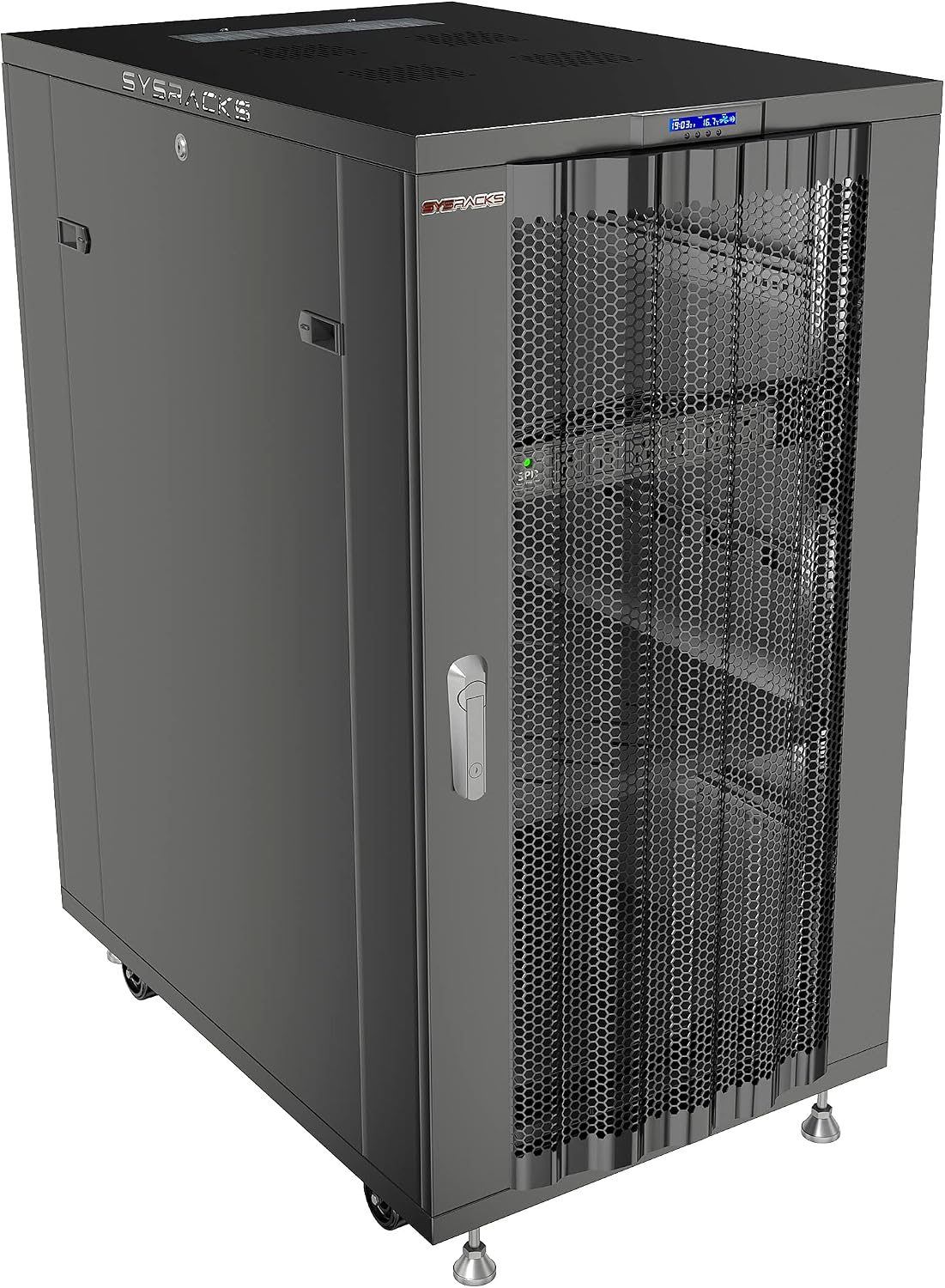 Sysracks 27U Server Rack Cabinet, 39" Deep, Vented Door, 19-Inch | 4 fans, thermostat controller, PDU, shelf, casters, 1600 lb capacity