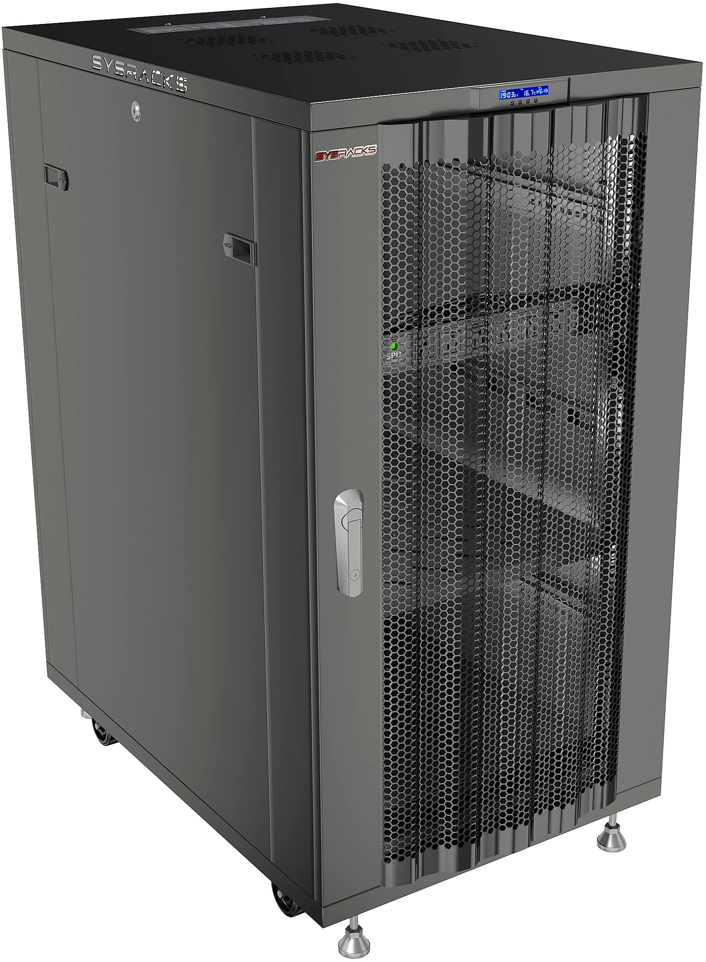 Sysracks 32U Server Rack Cabinet, 32" Deep, Glass Door, 19-Inch | 4-fan thermostat cooling, PDU, shelf, casters, cable brushes, 1600 lb capacity