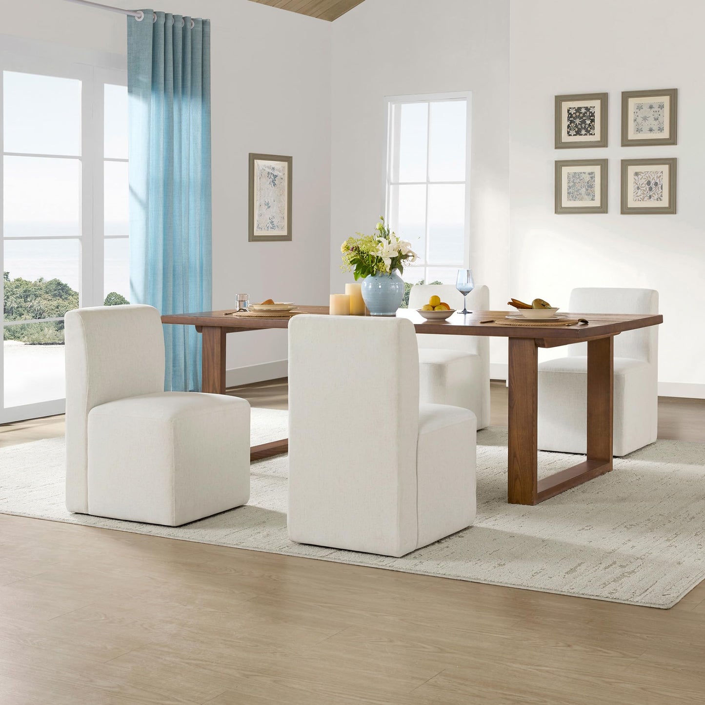 CHITA Dining Chairs with Casters Set of 2, FSC Certified Upholstered Armless Modern Rolling Dining Chairs with Rollers for Bedroom Reading Room Living Room, Fully Assembled, Linen