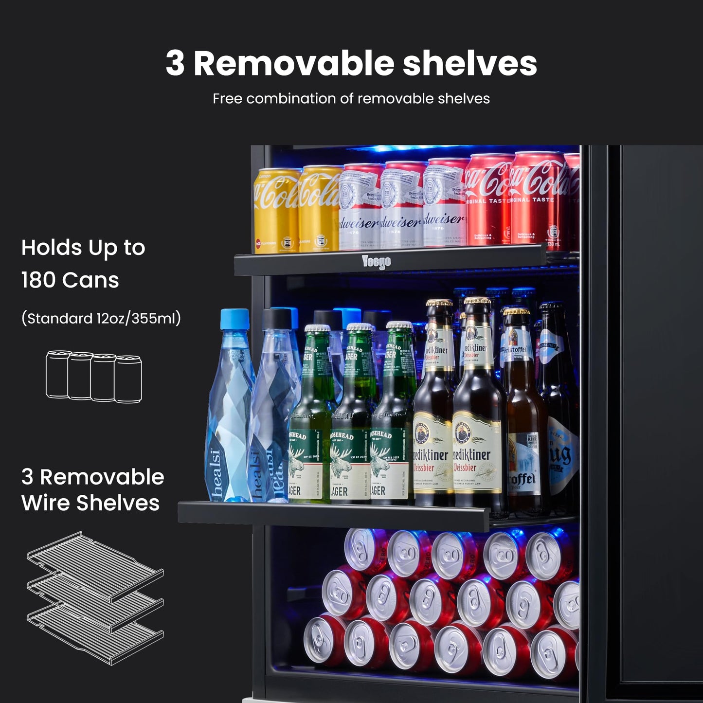 Yeego 24-Inch Beverage Refrigerator, Built-In or Freestanding Beverage Cooler, Up to 180 Cans, Glass Door Mini Fridge for Soda, Beer, Water & Wine (Left-Hinged)