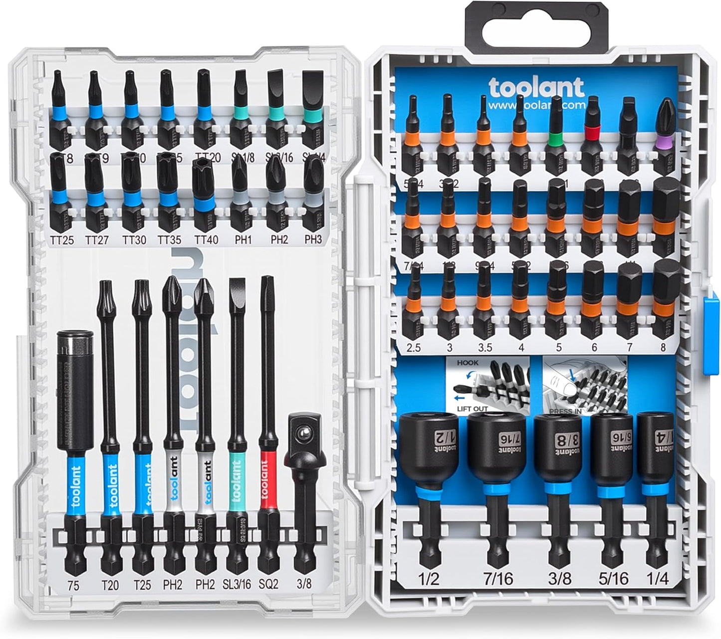 toolant Impact Driver Bit Set,52-Piece S2 Steel Screwdriver Bit Set,Hex,Torx,Phillips,Slotted,Square Bits and Nut Driver with Case