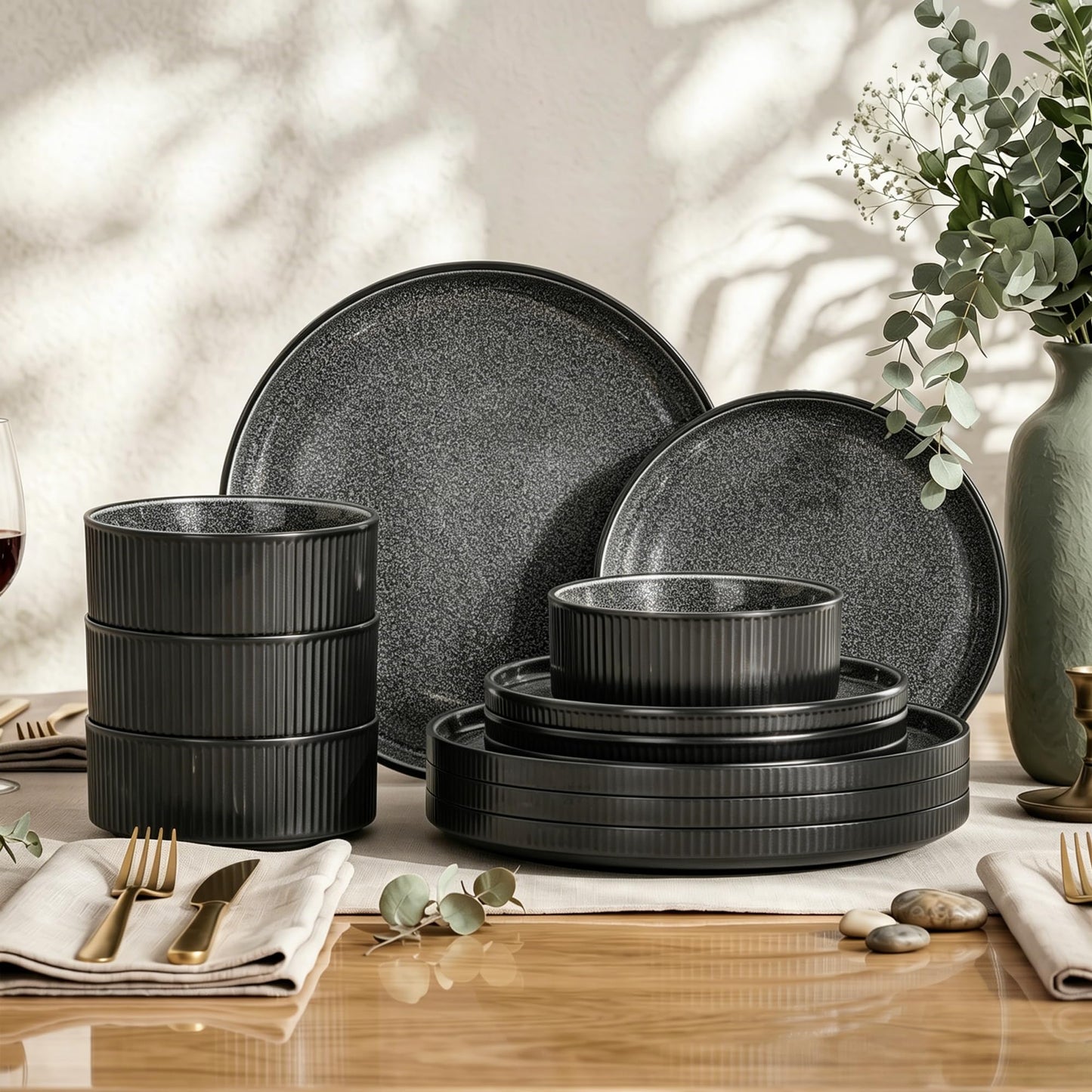 Kitchen Academy Brown Stoneawre Dinnerware Sets for 8, 24Pcs Ceramic Non Toxic Plates and Bowls Sets, Scratch Resistant Dishes, Oven & Microwave Safe