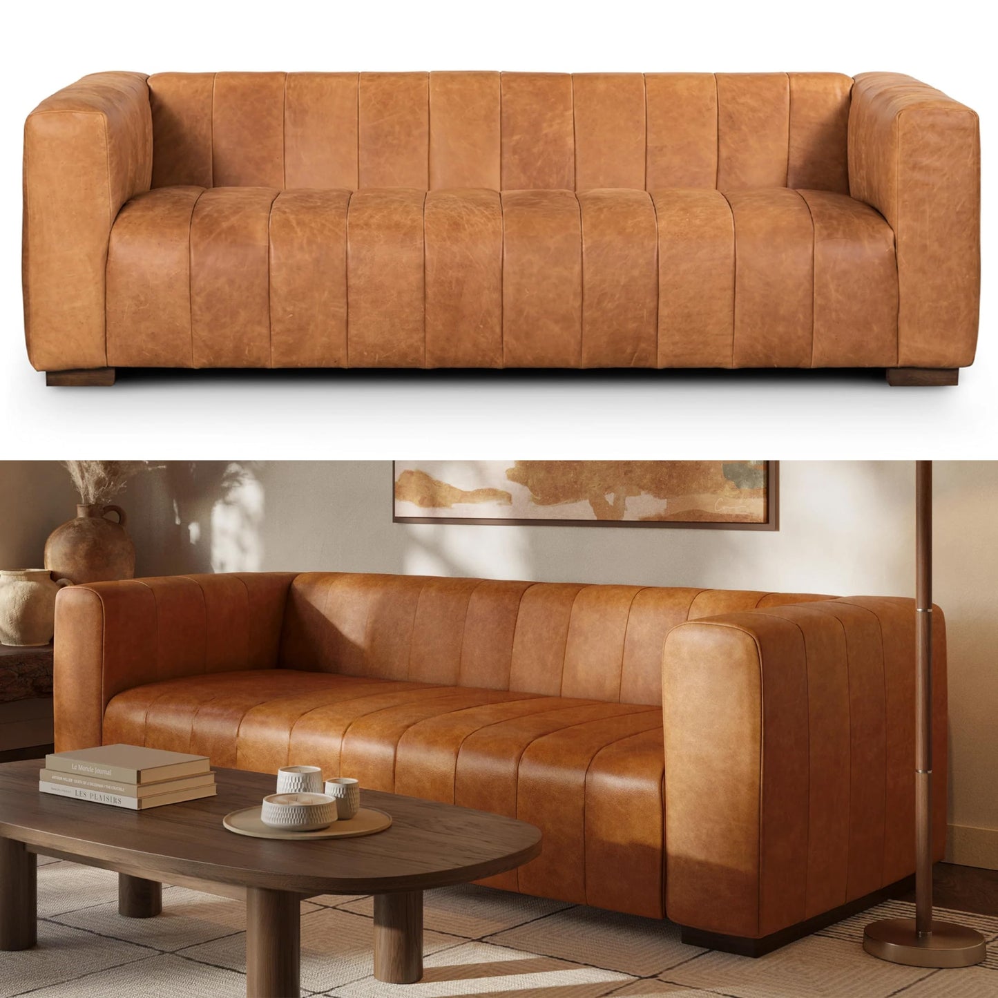POLY & BARK Sorrento 86" Sofa – Cognac Tan Full-Grain Pure-Aniline Italian Leather, Feather-Down Cushions, Solid Wood Frame & Walnut Legs