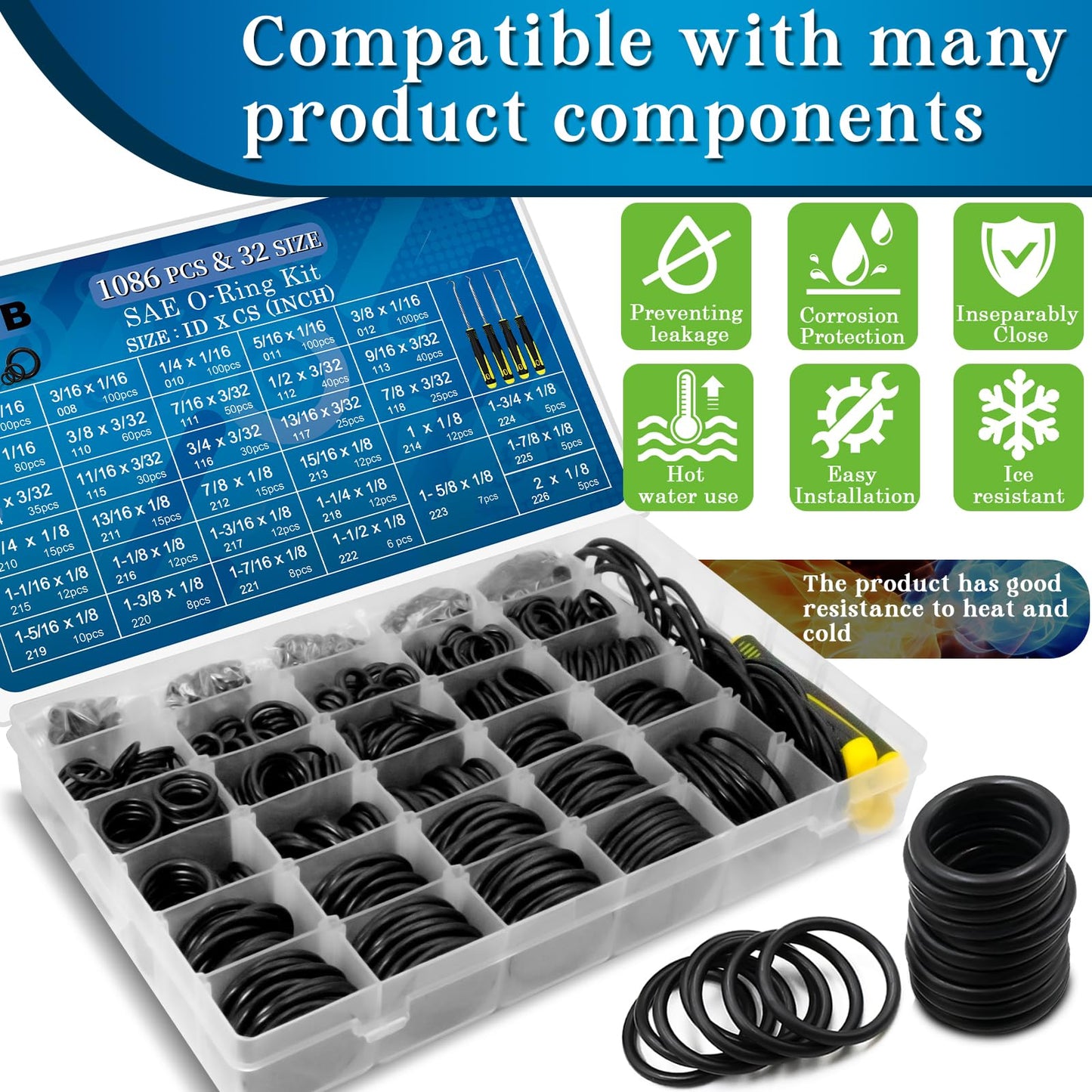 ZDBB 1010 Pcs Rubber O Rings Kit 22 Size Universal O-Ring Assortment Set for Automotive Faucet Pressure Washers Plumbing Sealing Repair,Air or Gas Connections,Resist Oil and Heat