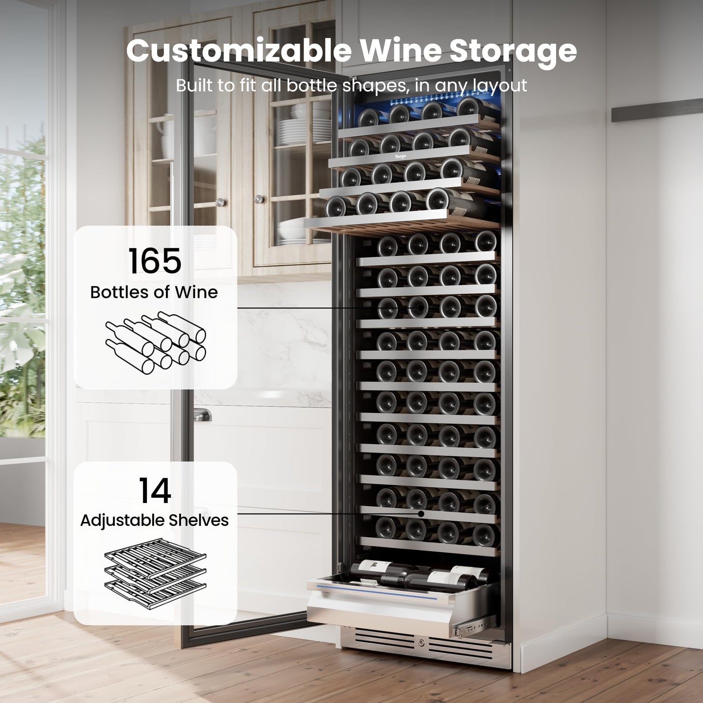 Yeego 24 Inch Wine Fridge Cooler - 52 Bottles Wine Cooler with Glass Door, 40-65℉ Built-In or Freestanding Refrigerator, Under Counter Wine Fridge for Kitchen Bar Office (Left-Hinged)