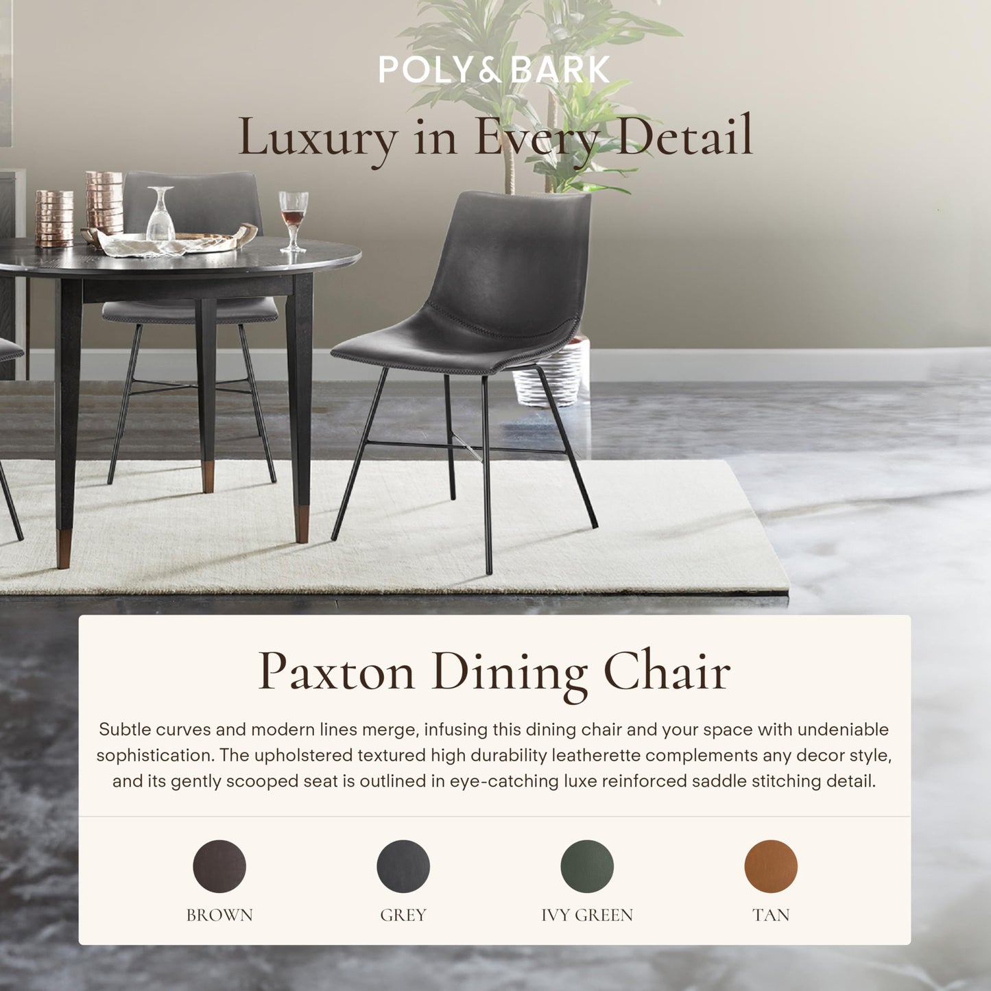 POLY & BARK Paxton Leather Counter Stools 24 Inches – Set of 2 - Counter Height Bar Stools with Back – Modern Barstools for Kitchen Island or Counters – Faux Leather & Matte Black Steel Base – Tan