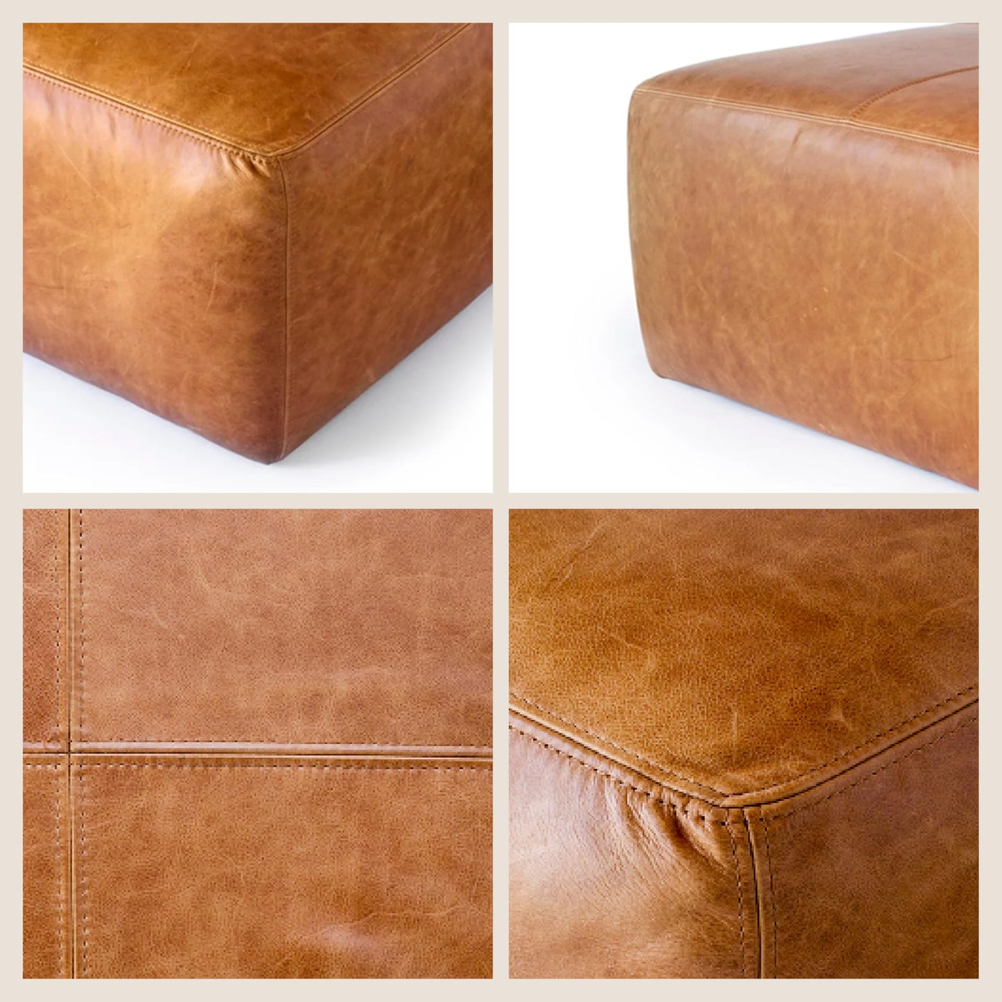 POLY & BARK Denver Ottoman – 43" Large Pouf with Feather-Down Topper – Full-Grain Leather Upholstered Pouf Ottoman for Living Room – Vintage Italian Leather in Cognac Tan