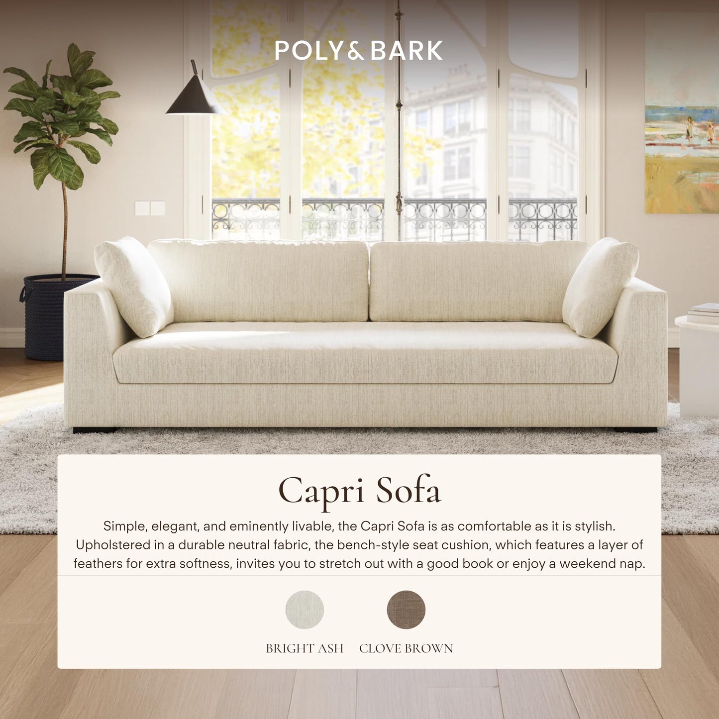 Poly & BARK Napa 88.5" Sofa with Deep Seating, Tailored Upholstered Finish, Clean Modern Lines, and Balanced Proportions for Comfortable and Refined Living Spaces