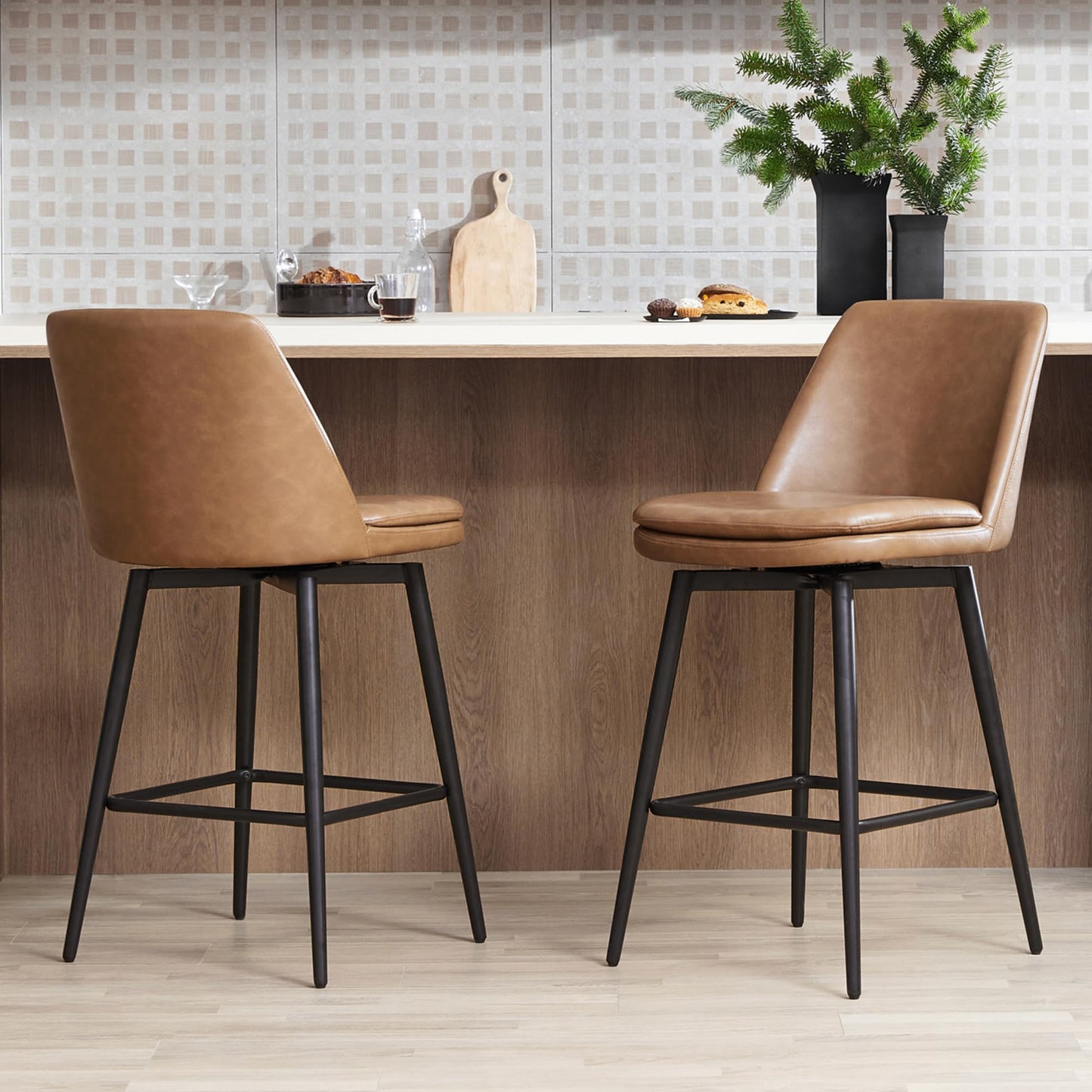 CHITA Swivel Bar Stools, 27.2" Counter Height Bar Stools Set of 3, FSC Certified Upholstered Modern Counter Stools, Metal Legs, Faux Leather, Saddle Brown