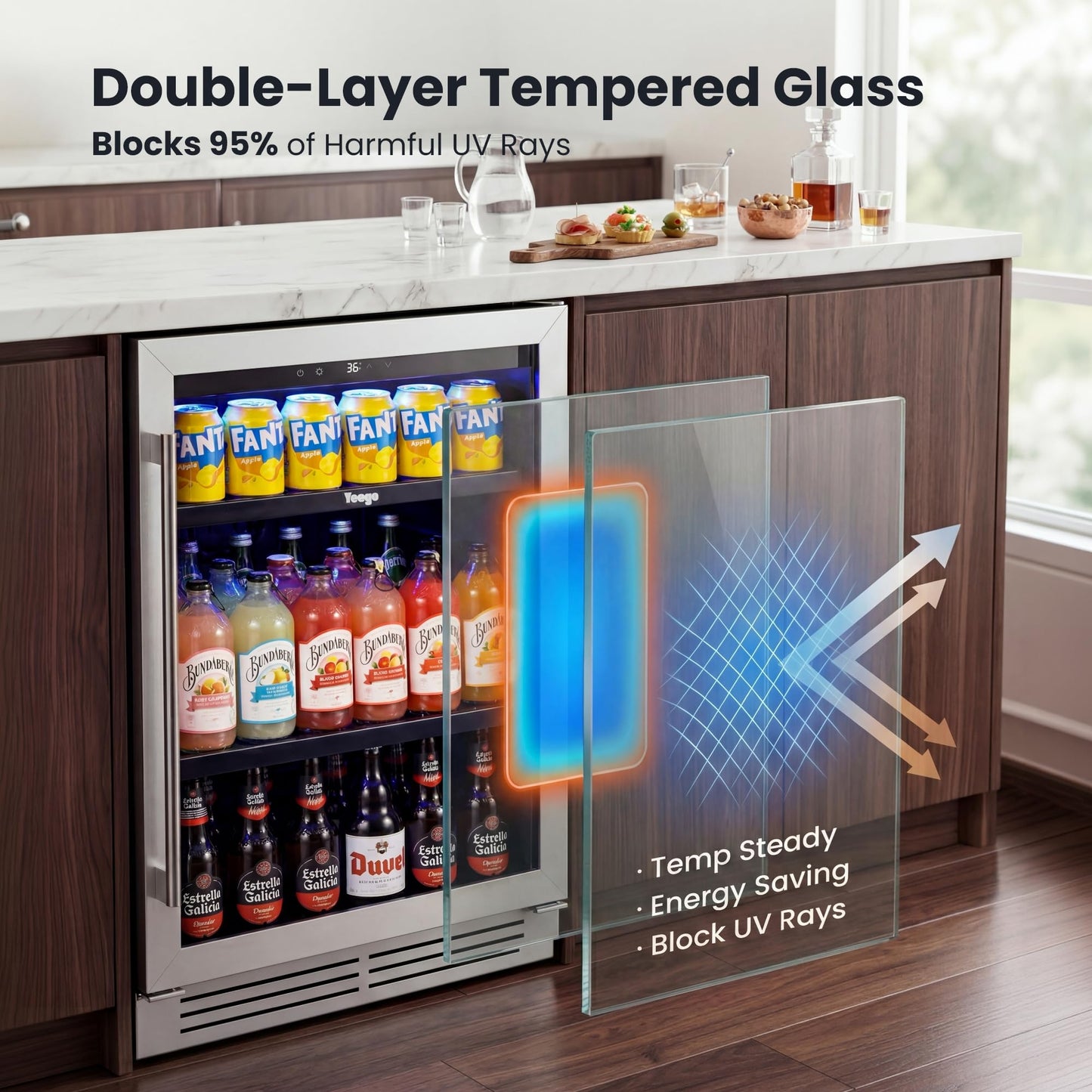 Yeego Beverage Refrigerator & Drink Fridge - 24 inch 180 Cans Beer Cooler Glass Door, 34-54℉ Under Counter Refrigerator Built-in for Drink Soda Wine for Bar Office Bedroom