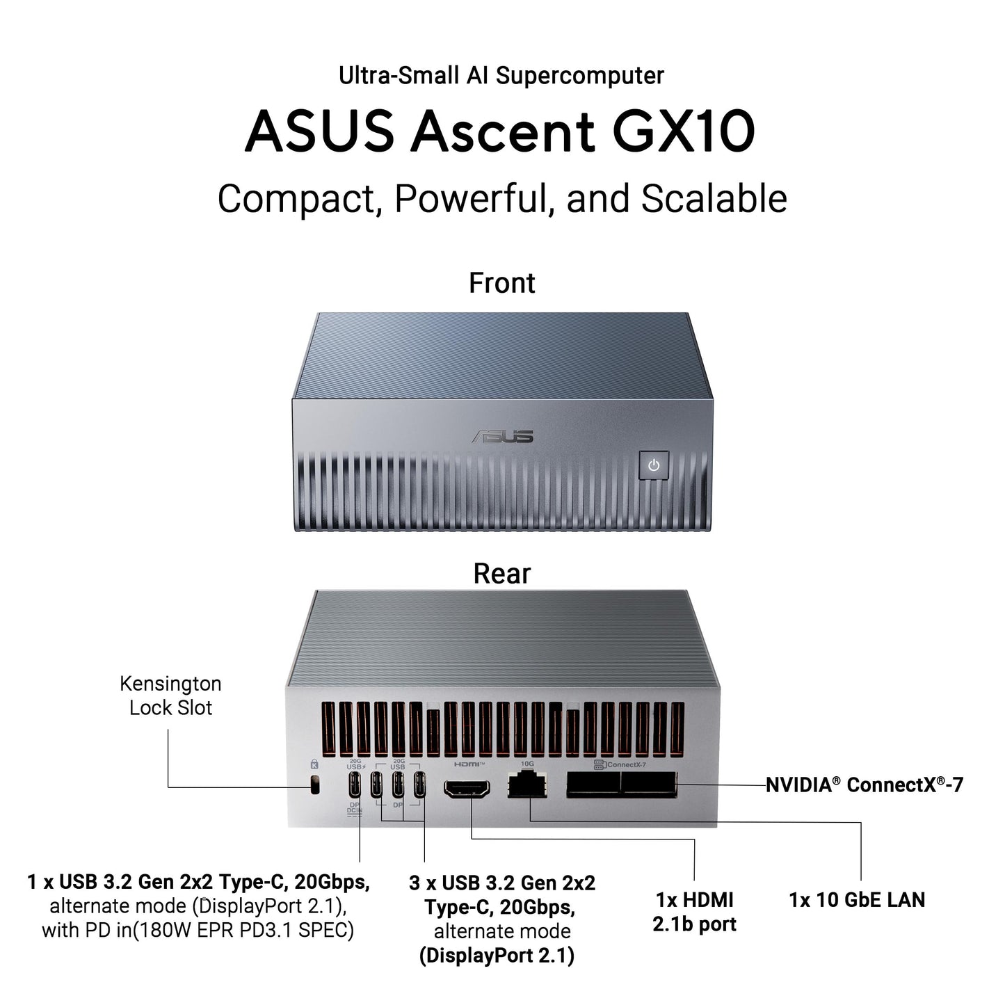 ASUS Ascent GX10 AI Supercomputer, DGX Spark, NVIDIA GB10 Superchip, 128GB LPDDR5x, 1TB PCIe Gen4 NVMe SSD, Wi-Fi 7 & BT5.4, Agentic AI Ready, Supports OpenClaw, NemoClaw, Stackable Chassis