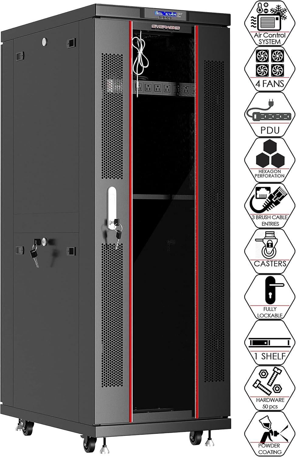 Sysracks 32U Server Rack Cabinet, 32" Deep, Glass Door, 19-Inch | 4-fan thermostat cooling, PDU, shelf, casters, cable brushes, 1600 lb capacity
