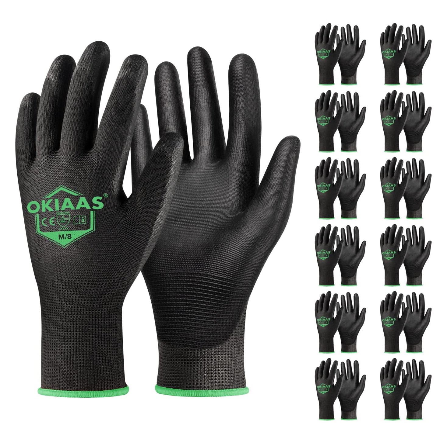 OKIAAS Work Gloves for Men,Ultra Thin and Lightweight Working Gloves with Grip,12 Pairs Bulk Pack Construction Gloves with Polyurethane Coating,Safety Gloves for Light Duty Work (Black, Large)