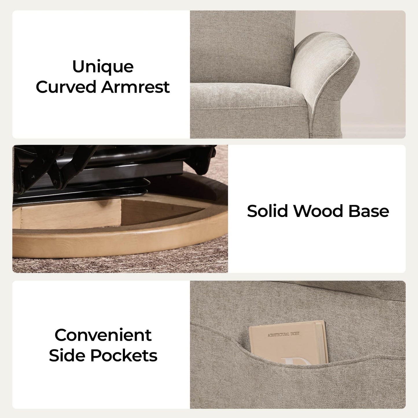 CHITA Power Recliner Chair, Electric Triple-Motor Swivel Glider Nursery Rocking Chair with Adjustable Power Headrest and Lumbar Support, GREENGARD Gold Certified, Solid Wood Base, Linen